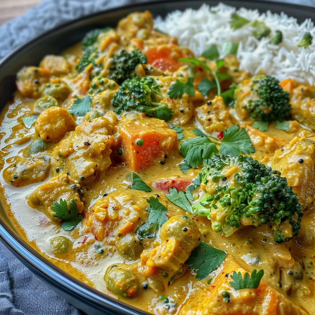 Nahaufnahme eines köstlichen vegetarischen Currys mit Kokosmilch, präsentiert in einer Schüssel.