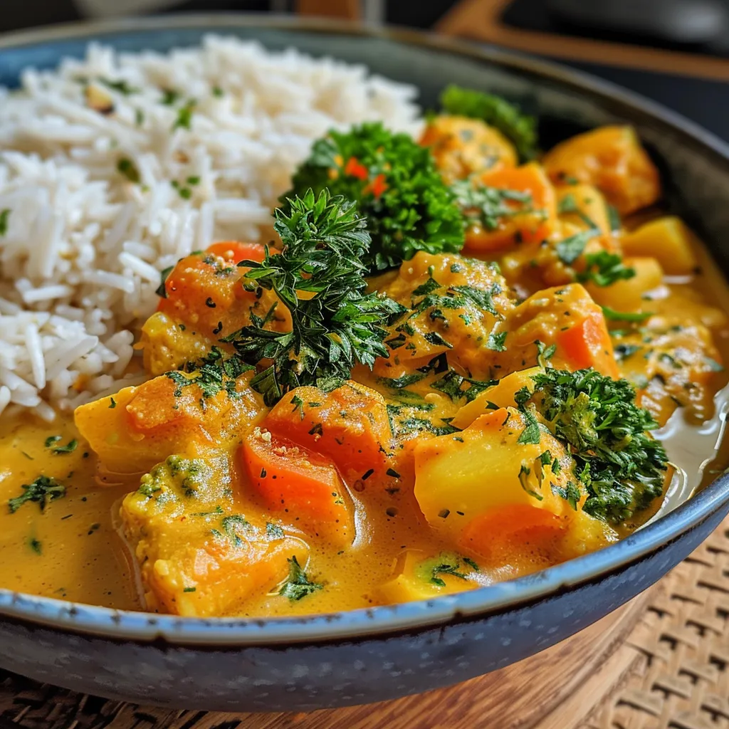 Detailansicht von vegetarischem Curry mit buntem Gemüse und frischem Koriander.