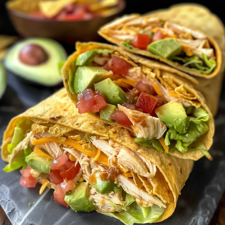 Nahaufnahme eines saftigen Wraps mit Hähnchen, Avocado und frischem Gemüse.