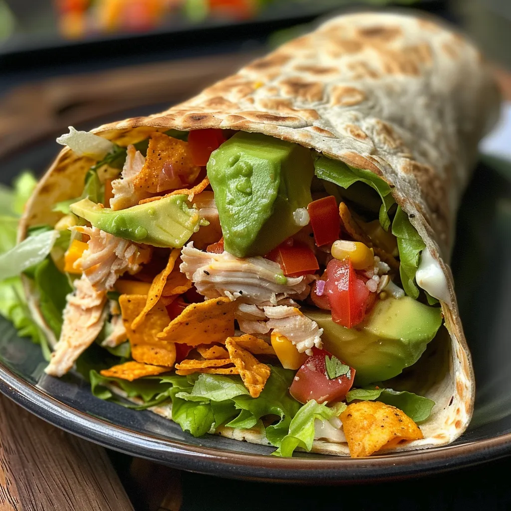 Seitenansicht eines bunten Southwestern Chicken Wraps auf einem Teller.
