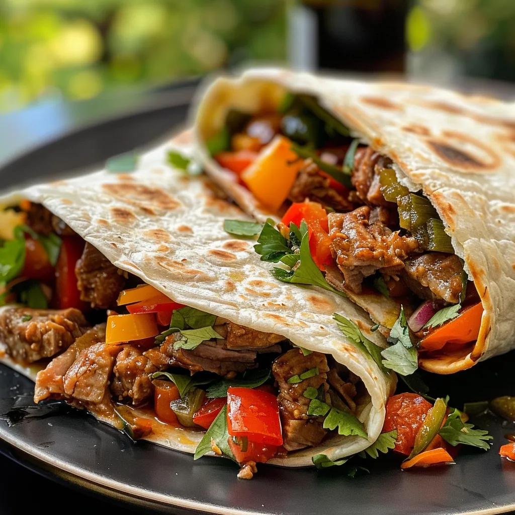 Nahaufnahme eines mit Hackfleisch und frischen Zutaten gefüllten Wraps.