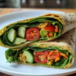 Nahaufnahme von veganen Wraps mit frischem Gemüse und Hummus.