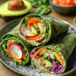 Nahaufnahme von frischen Gemüse-Hummus-Wraps auf einem Teller.