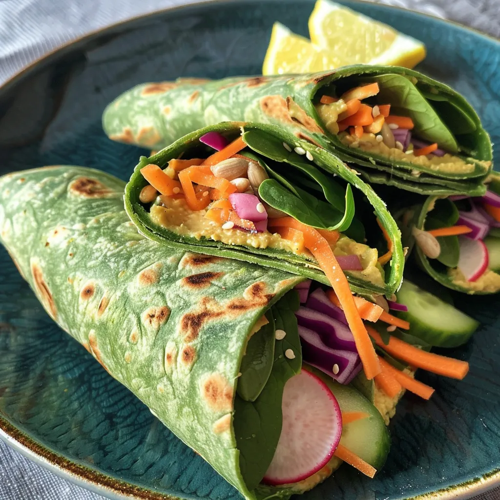 Seiteansicht eines saftigen Wraps gefüllt mit frischem Gemüse und Hummus.