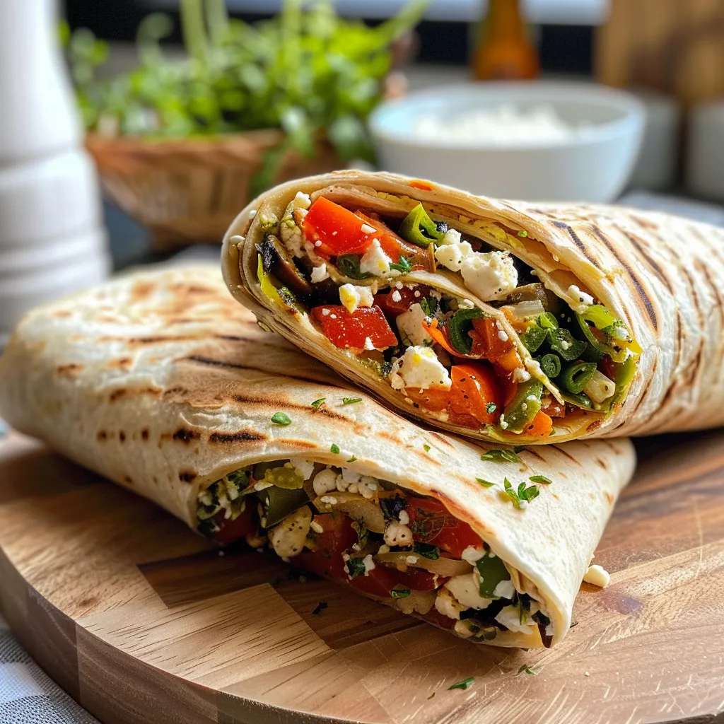 Naheaufnahme eines Wraps mit buntem Gemüse und Feta.