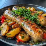 Nahaufnahme eines Wurst Bohne Kartoffel Auflaufs mit Käse überbacken.