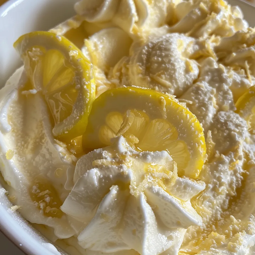 Seitenansicht einer verführerischen Zitronen Mascarpone Creme, dekoriert mit Zitronenscheiben.