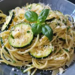 Nahaufnahme von Zitronen-Spaghetti mit Zucchini auf einem Teller.