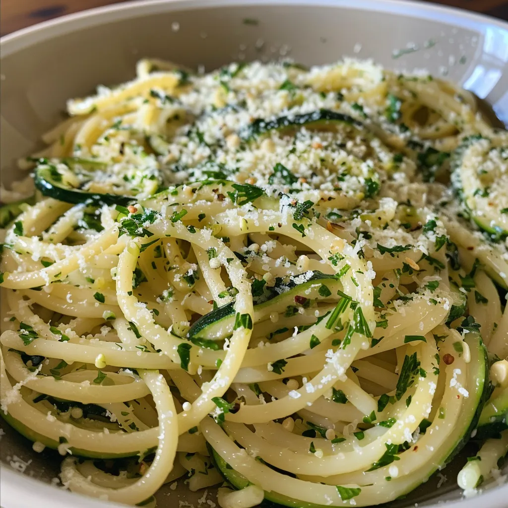 Frische Zitronen-Spaghetti mit Zucchini, garnierte Kräuter sichtbar.
