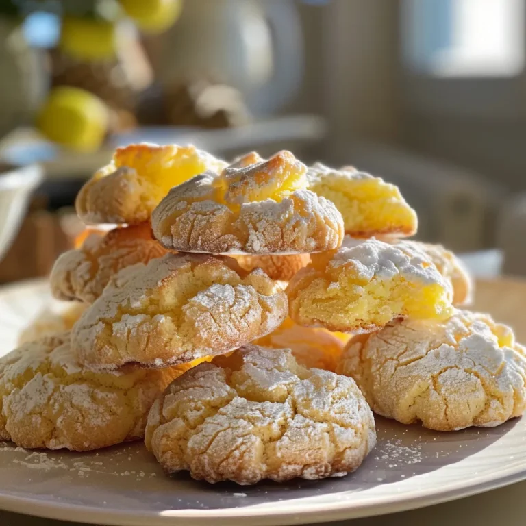 Nahaufnahme von Zitronen Crinkle Cookies in goldbraun mit Puderzucker.