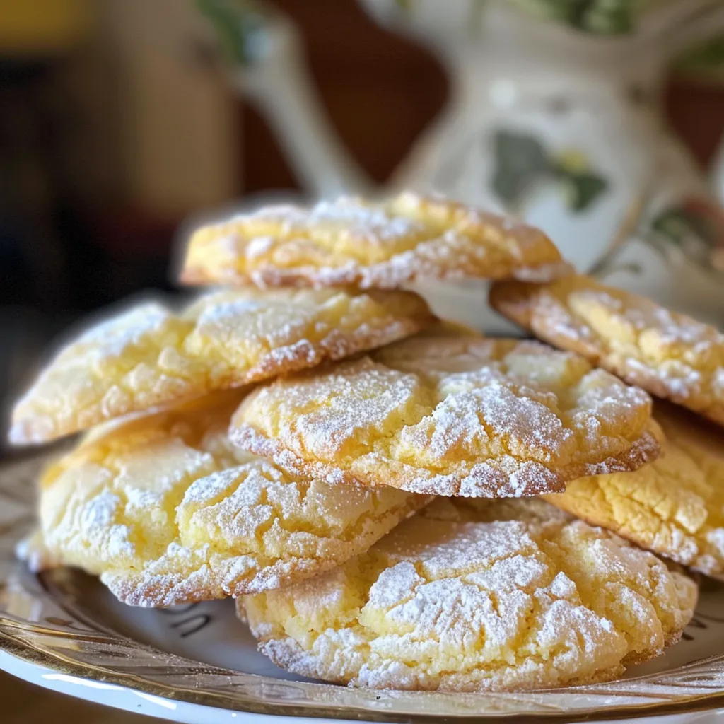 Seitenansicht von frisch gebackenen Zitronen Crinkle Cookies auf einem Teller.