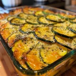 Saftiger Zucchini Auflauf mit Käse aus der Seitenansicht.