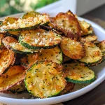 Nahaufnahme von knusprigen Zucchini-Chips, goldbraun gebacken.
