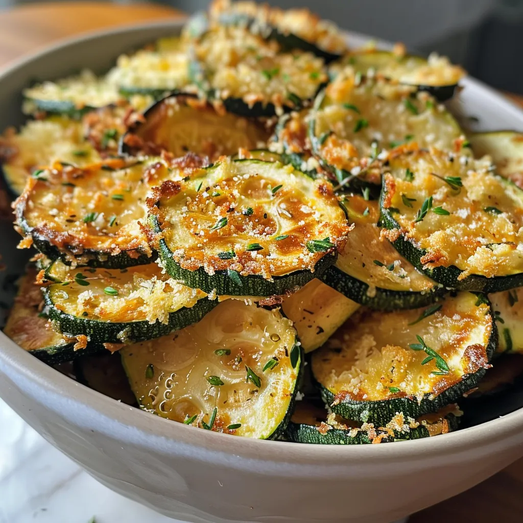 Seiteansicht von frisch gebackenen Zucchini-Chips mit Panko-Beschichtung.
