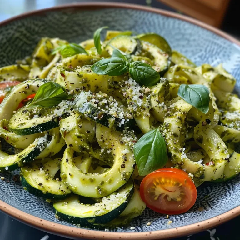 Nahaufnahme von Zucchini-Nudeln mit Avocado-Pesto und Kirschtomaten.