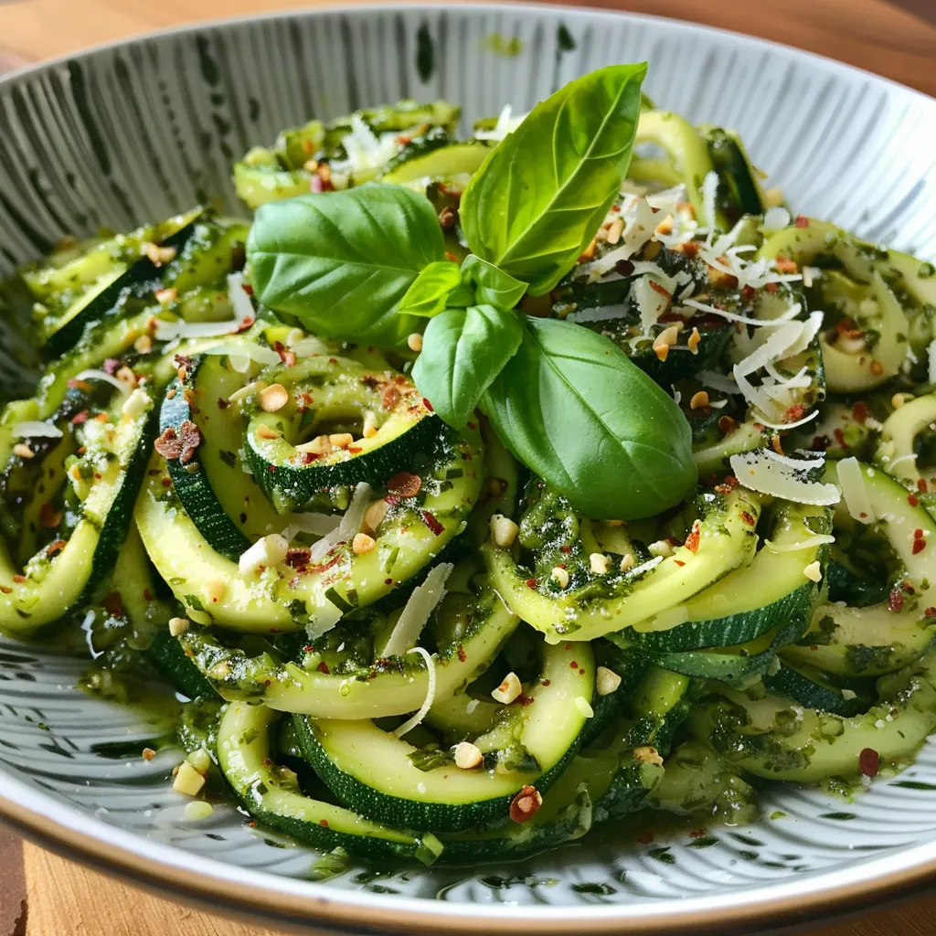 Seiteansicht von frischen Zucchini-Nudeln auf einem Teller.