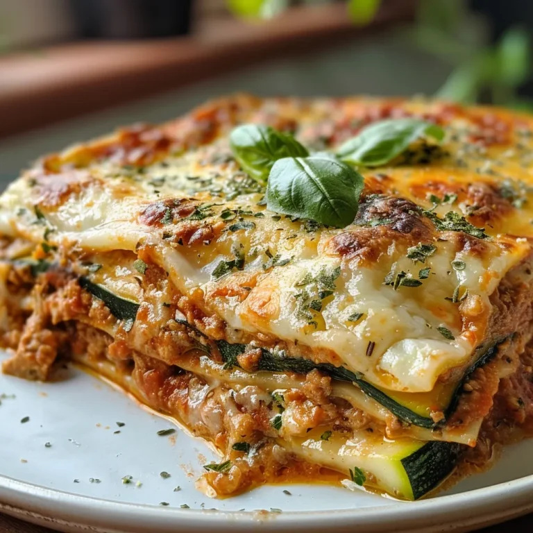 Nahaufnahme von Zucchini Lasagne ohne Lasagneplatten, saftig und appetitlich.