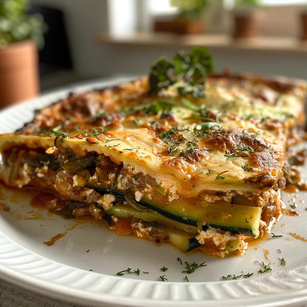 Seitliche Ansicht einer köstlichen Low Carb Zucchini Lasagne mit Käse und Hackfleisch.