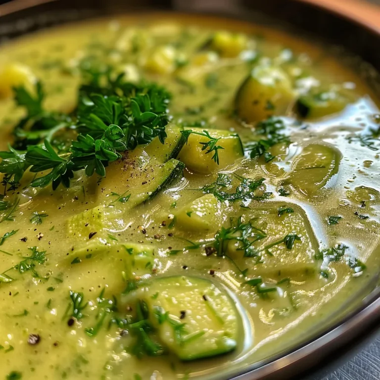 Nahaufnahme einer cremigen Zucchinisuppe in einer Schale.