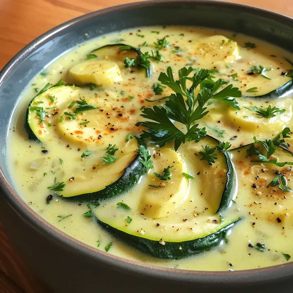 Seitenansicht einer Schale Zucchinisuppe mit frischen Zutaten.