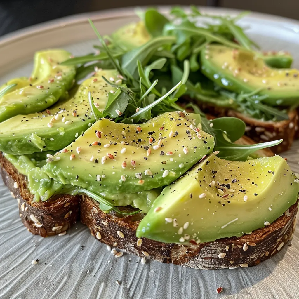 Seiteansicht von Avocado-Toast garniert mit frischem Rucola.