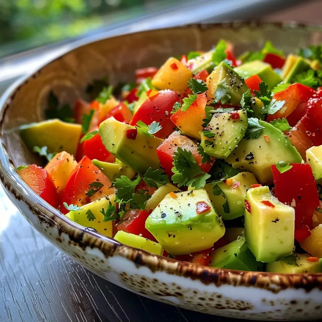 Seiteansicht eines Avocadosalats mit bunten Zutaten.