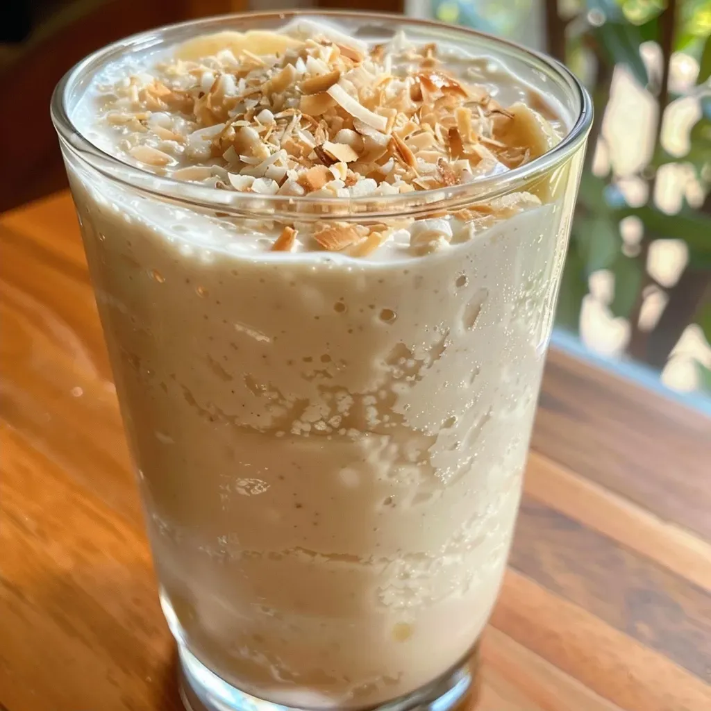 Saftiger, cremiger Kokos-Smoothie, serviert mit einem Strohhalm.