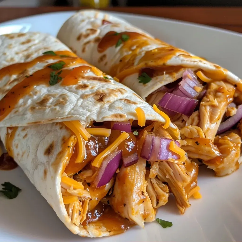 Seitenansicht eines köstlichen BBQ Chicken Burritos gefüllt mit Hähnchen und Käse.