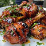 Nahaufnahme von BBQ Hähnchen und geröstetem Mais in einer Blechpfanne.