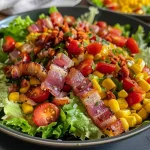 Nahaufnahme eines bunten Bohnen-Mais-Salats in einer Schüssel.
