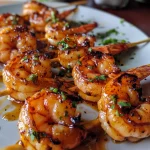 Saftige gegrillte Garnelenspieße auf einem Holzbrett.