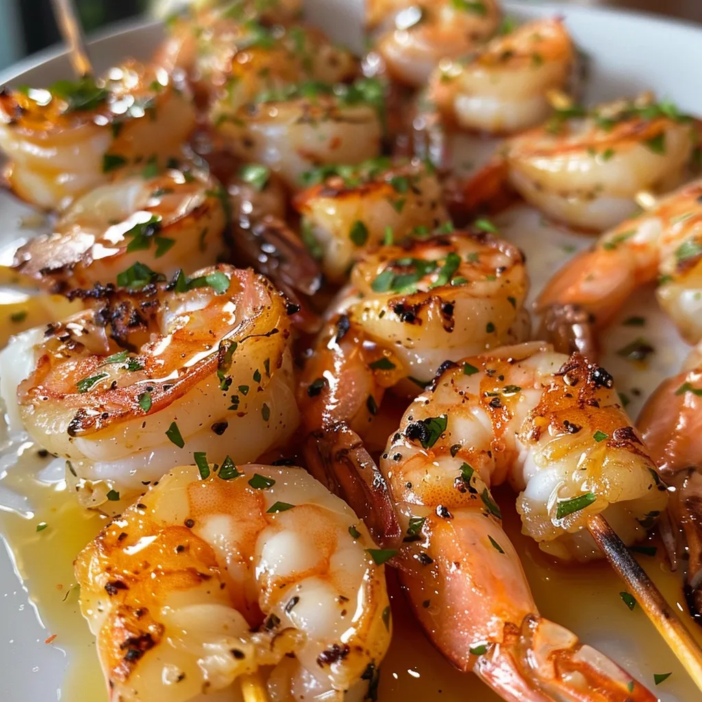 Nahaufnahme von gebratenen Garnelen auf einem Spieß mit Grillspuren.