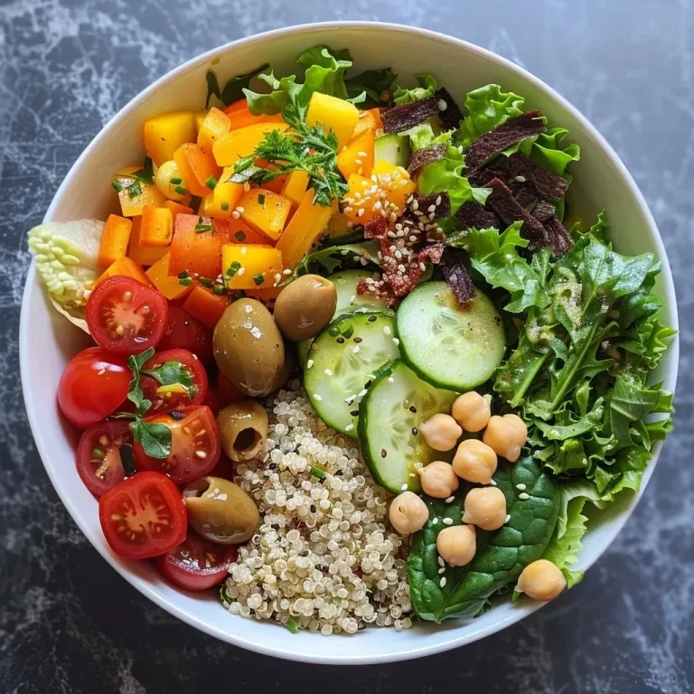 Eine Nahaufnahme einer mediterranen Buddha Bowl mit Quinoa, frischem Gemüse und Hummus.