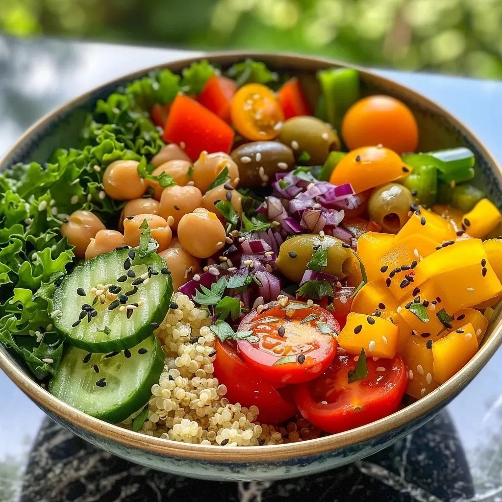 Seitenansicht einer Buddha Bowl, gefüllt mit buntem Gemüse wie Paprika, Tomaten und Oliven.