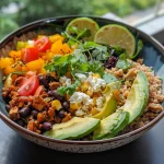 Nahaufnahme eines bunten Burrito-Bowls mit frischen Zutaten.