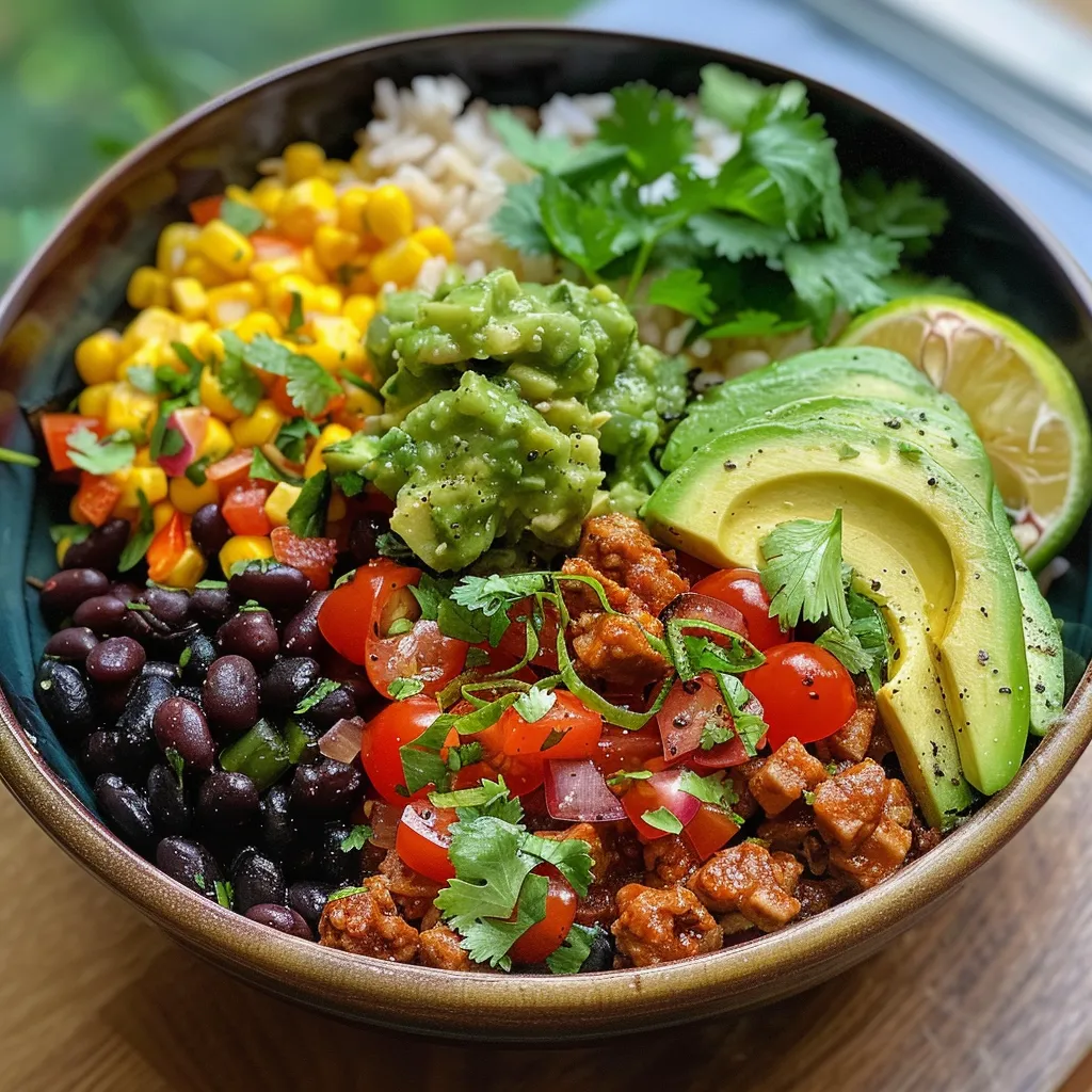 Seitenansicht eines Bunte Burrito-Bowls, gefüllt mit Reis, Bohnen und Gemüse.