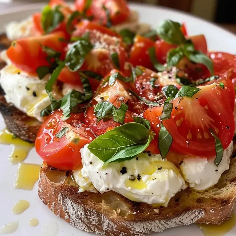 Nahe Ansicht von Burrata Bruschetta mit frischen Tomaten und Basilikum.