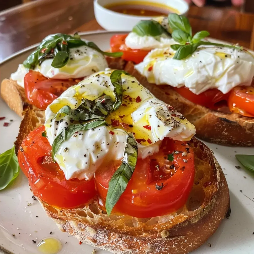 Seiteansicht einer appetitlichen Burrata Bruschetta auf einer Holzunterlage.