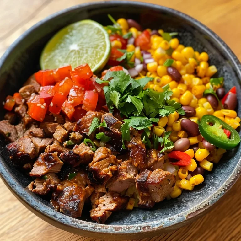 Nahaufnahme einer Burrito Bowl mit Rinderhack, frischen Zutaten und bunten Farben.