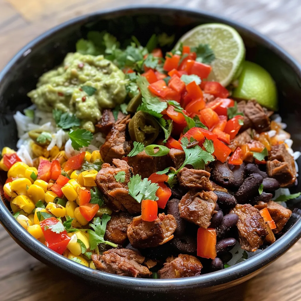 Seitenansicht einer appetitlichen Burrito Bowl, gefüllt mit Rinderhack und Gemüse.