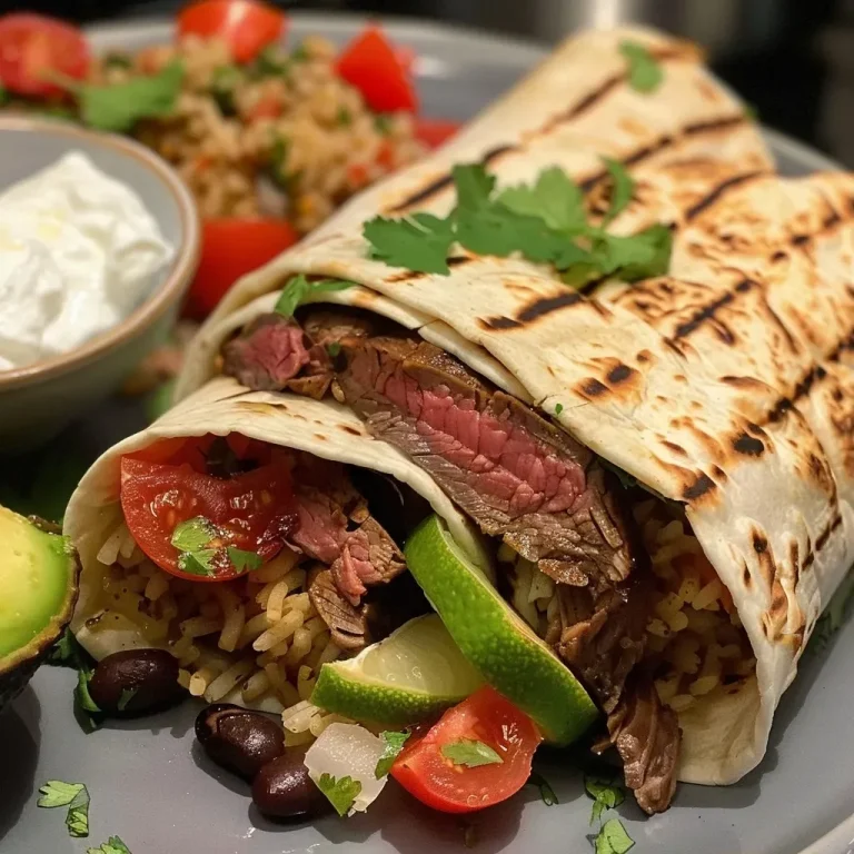 Saftiger Steak-Burrito mit frischen Zutaten von der Seite.