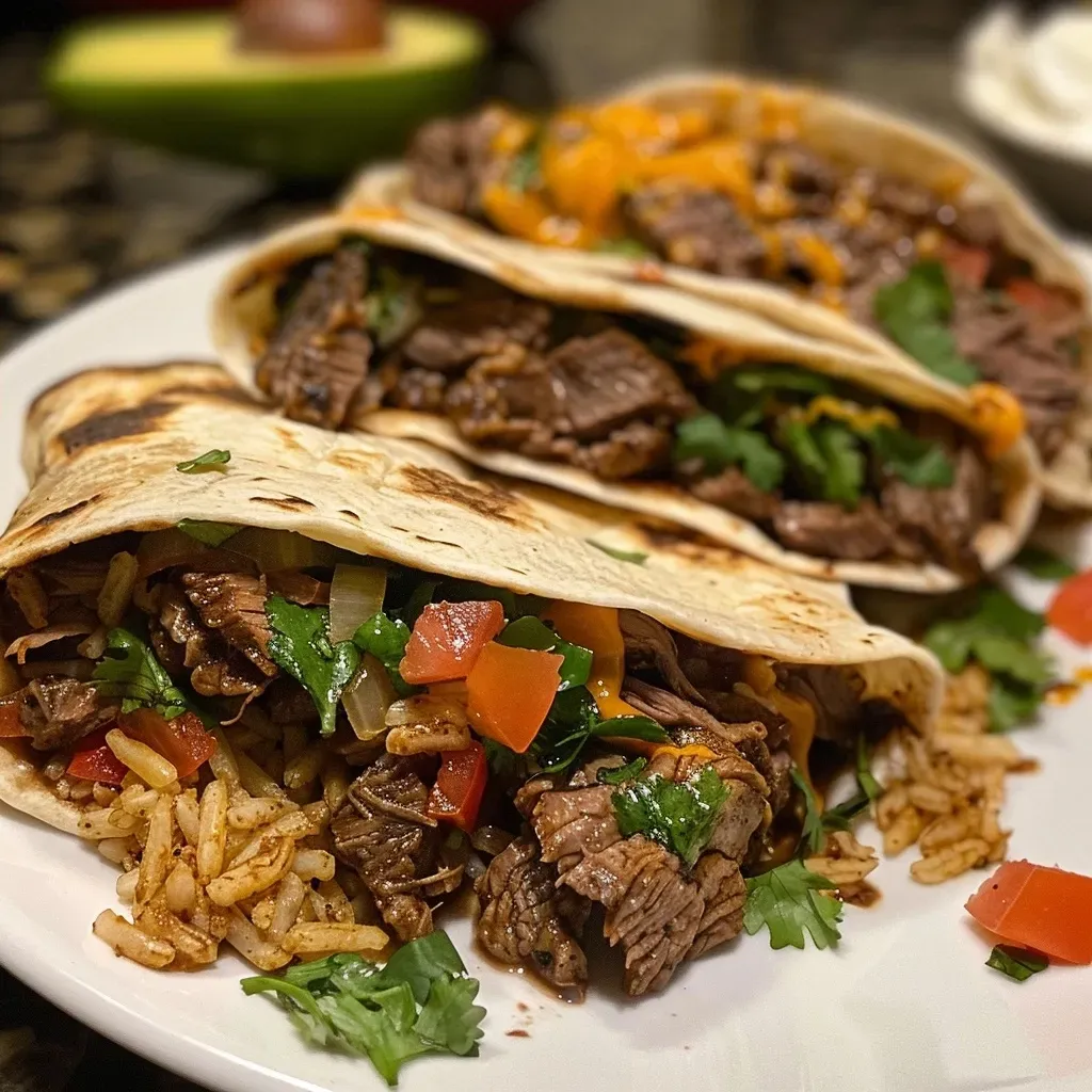 Nahaufnahme eines köstlichen Burritos, gefüllt mit Steak und Gemüse.