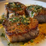 Saftige Lachsfilets mit Zitronen-Knoblauch-Butter, nahaufnahme von der Seite.