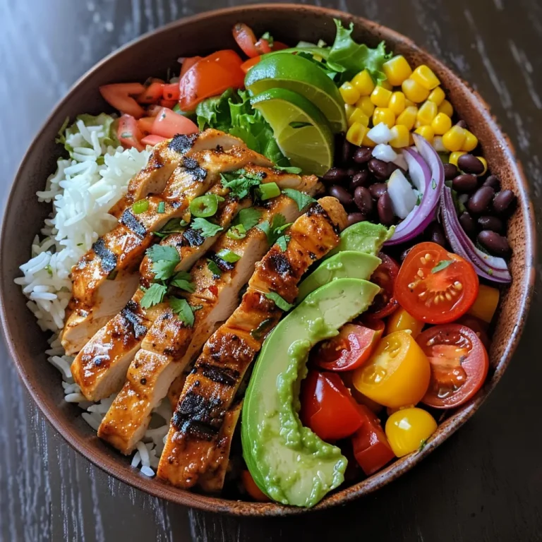 Nahaufnahme eines saftigen Chicken Burrito Protein Bowl mit frischen Zutaten.