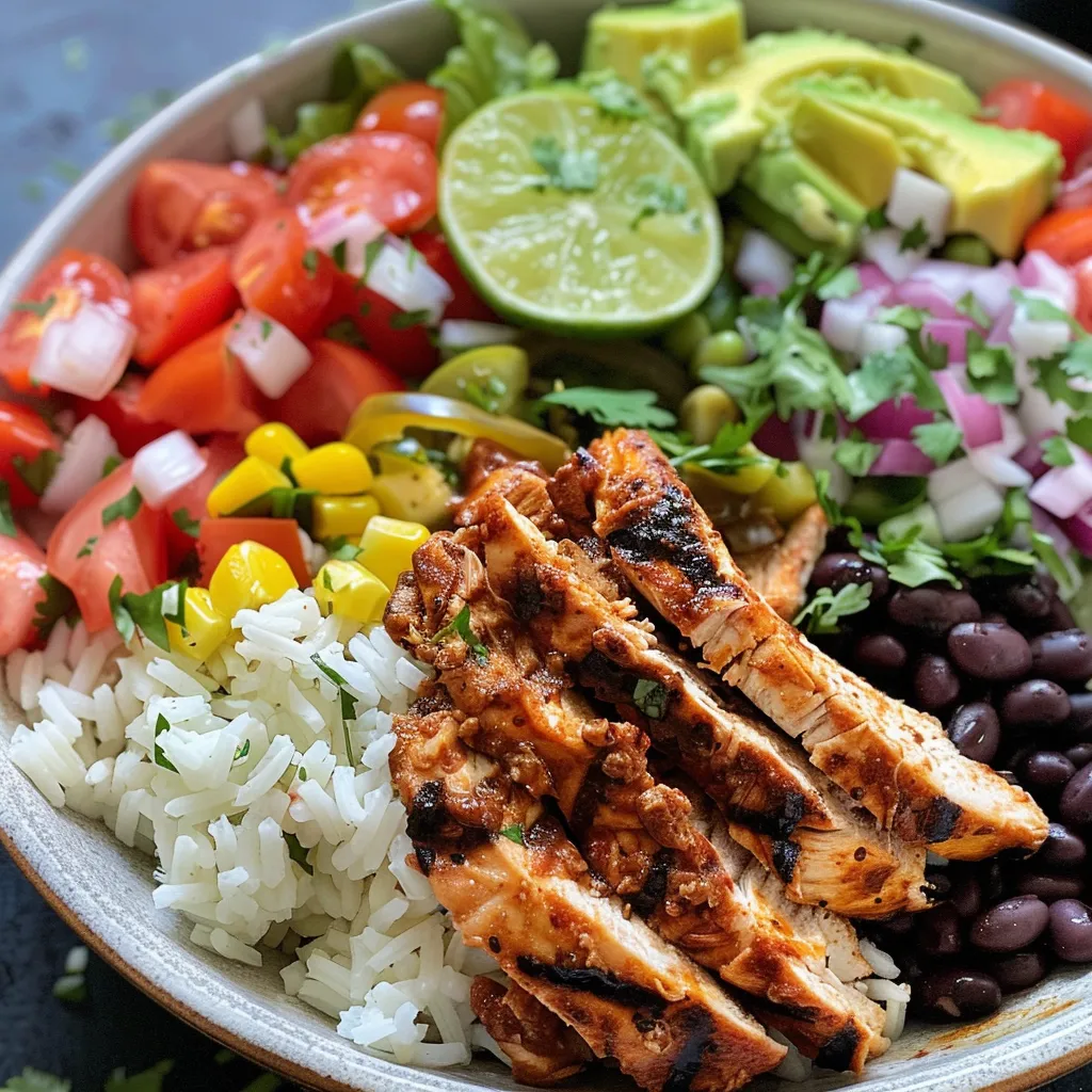 Seiteansicht eines bunten Chicken Burrito Protein Bowl, reich an Gemüse und Hühnchen.