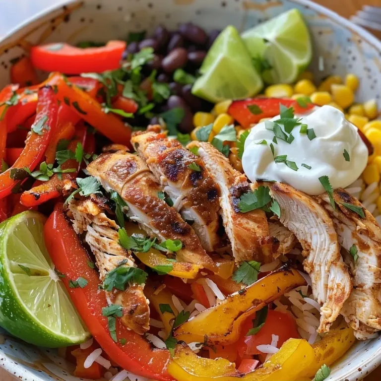 Nahaufnahme einer Chicken Fajita Burrito Bowl mit buntem Gemüse und Reis.