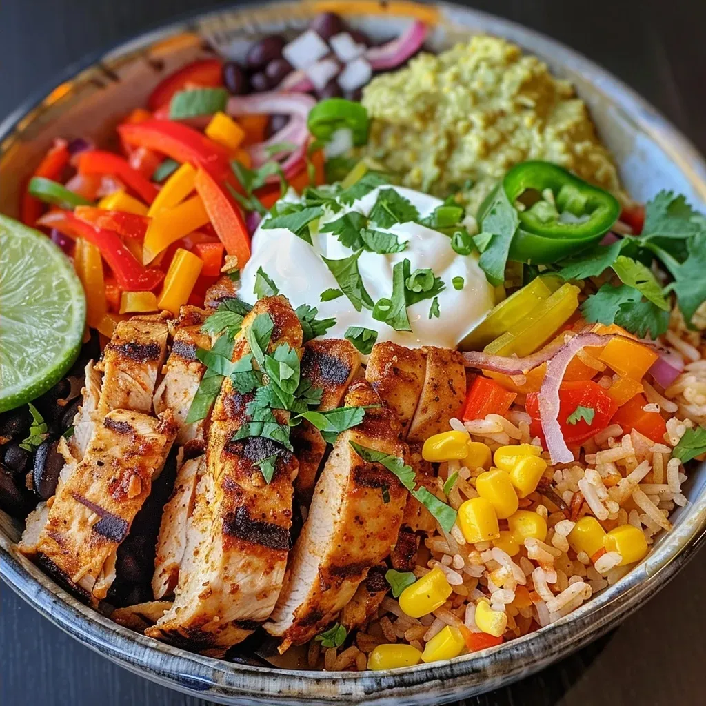 Seiteansicht einer herzhaften Chicken Fajita Burrito Bowl in einer Schüssel.