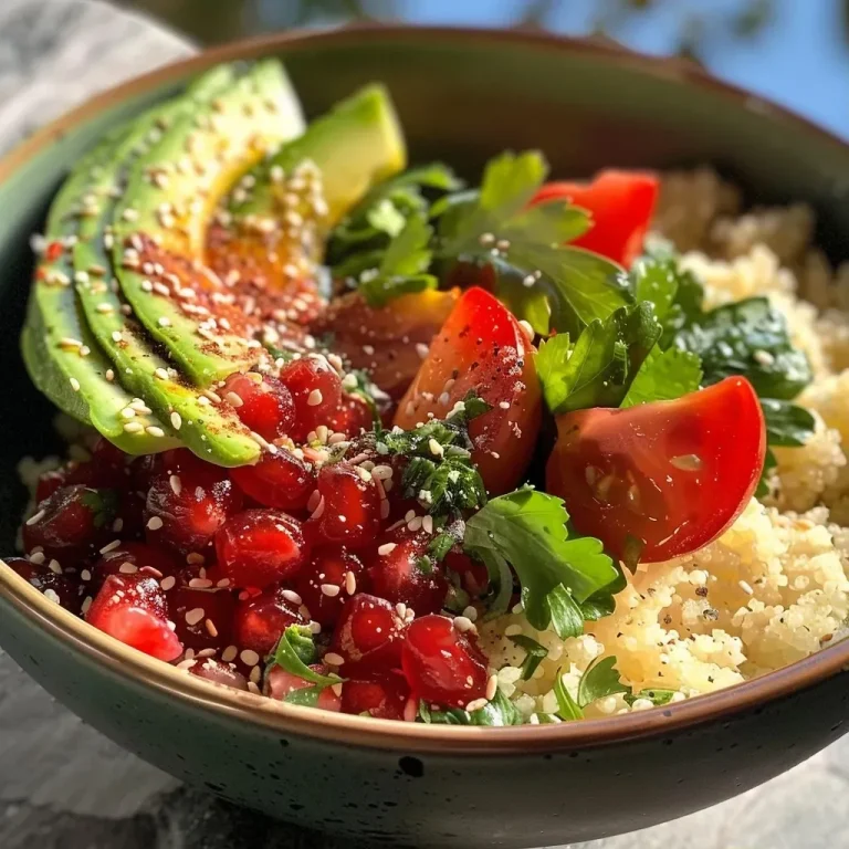 Nahaufnahme eines Couscous-Bowl mit Avocado und Cherrytomaten.