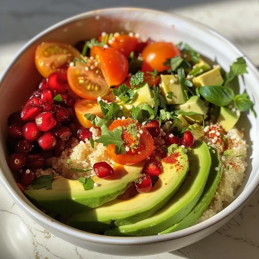 Seitenansicht eines bunten Couscous-Bowls mit frischen Zutaten.