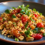Nahaufnahme einer Couscous-Pfanne mit Tomaten und Kidneybohnen.